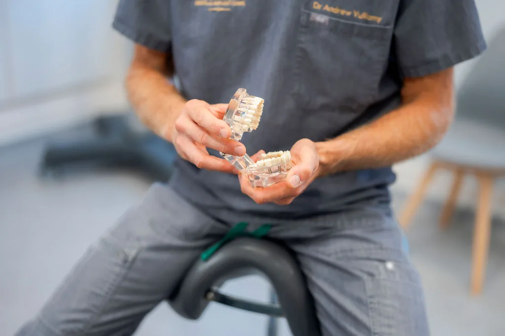 Dental models being used to explain and plan treatment.